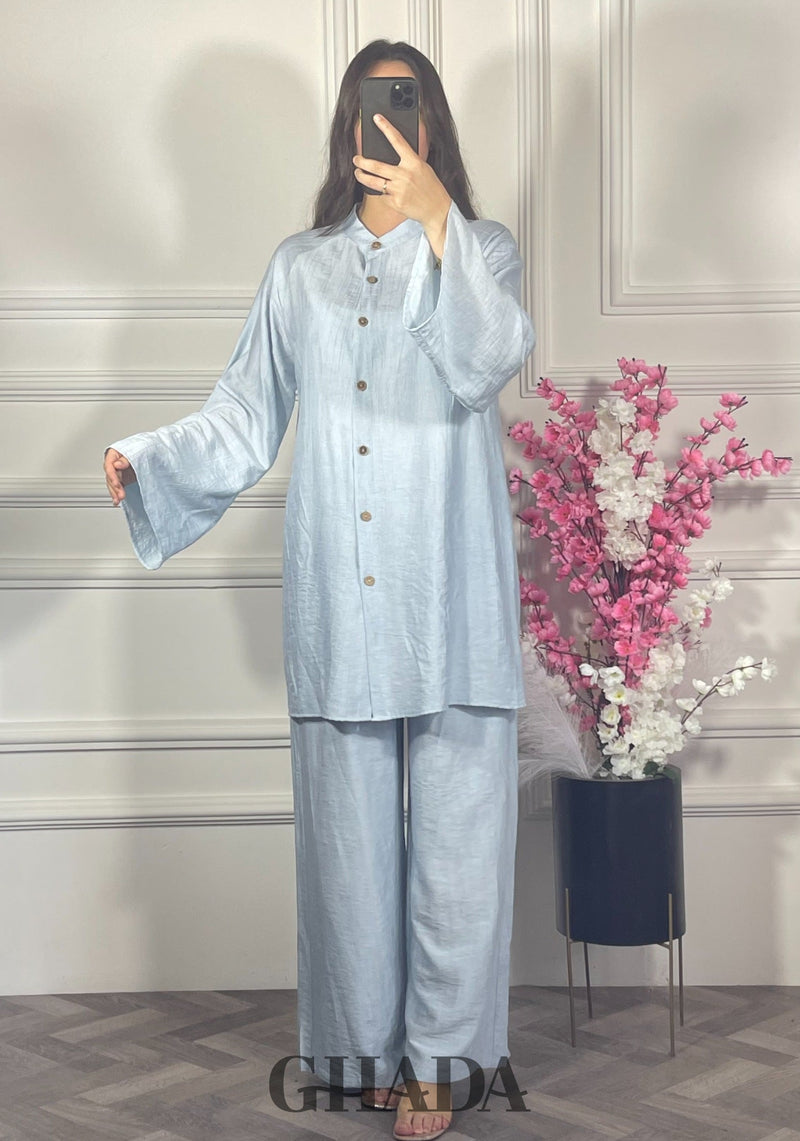 Ensemble brodé en lin  - Bleu ciel