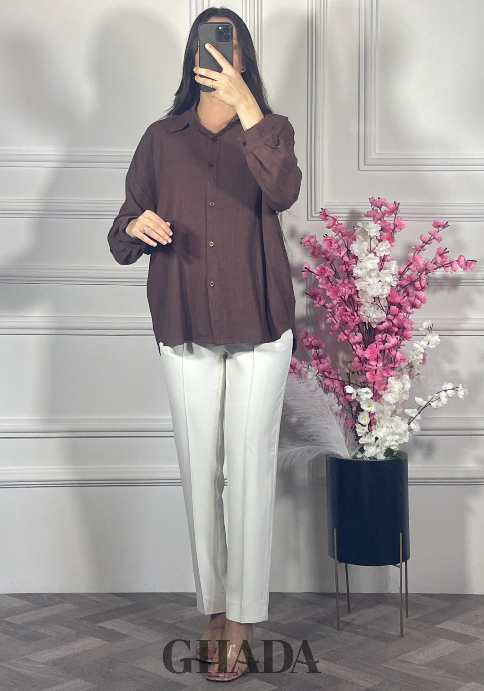 Chemise en lin  - Marron chocolat vue de face - chemise femme - GHADA FASHION
