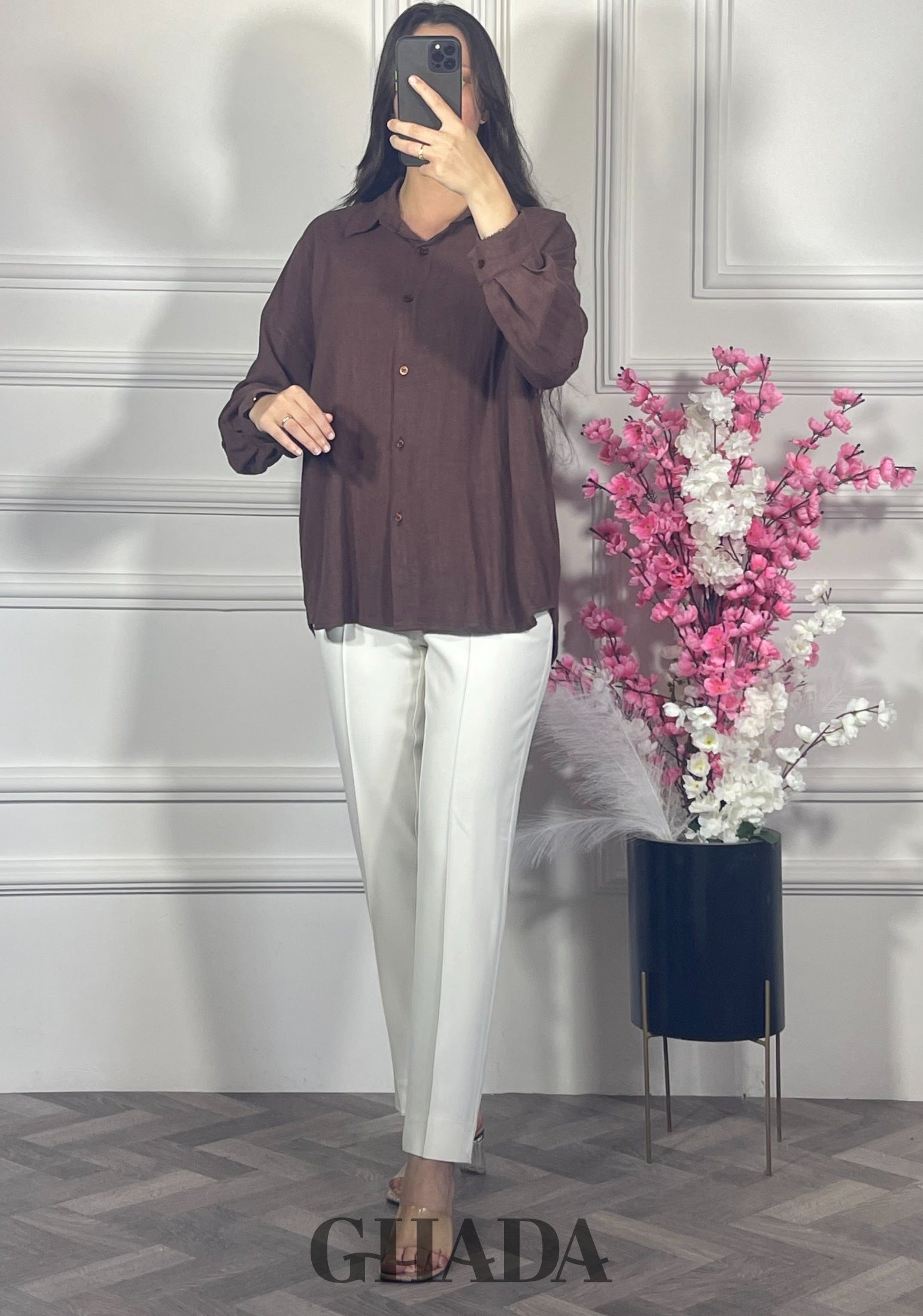 Chemise en lin  - Marron chocolat détail broderie - chemise femme - GHADA FASHION