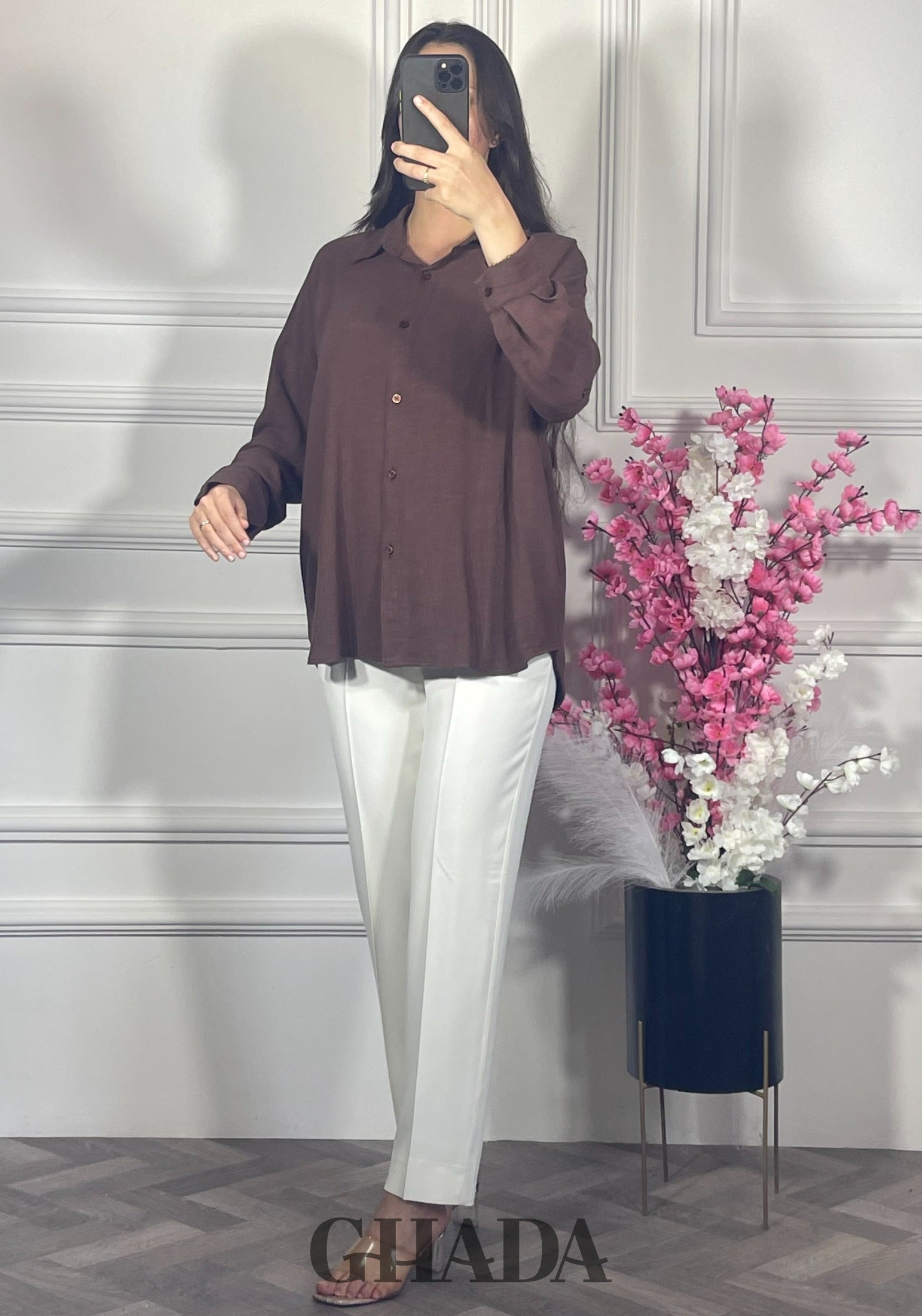 Chemise en lin  - Marron chocolat vue complète - chemise femme - GHADA FASHION