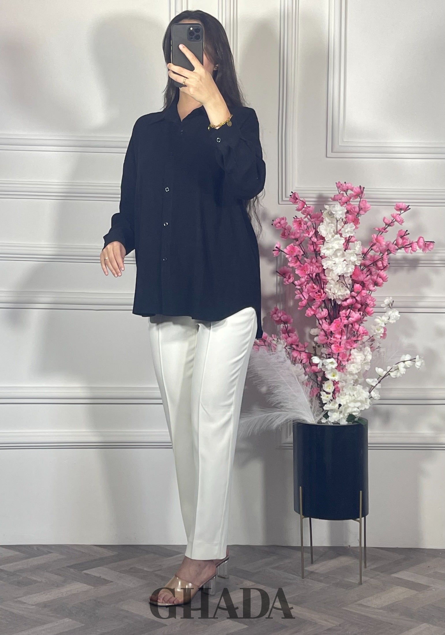 Chemise en lin  - Noir détail broderie - chemise femme - GHADA FASHION