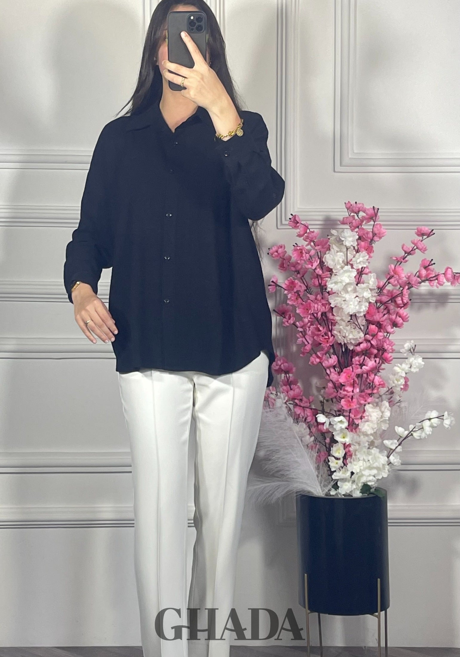 Chemise en lin  - Noir vue complète - chemise femme - GHADA FASHION