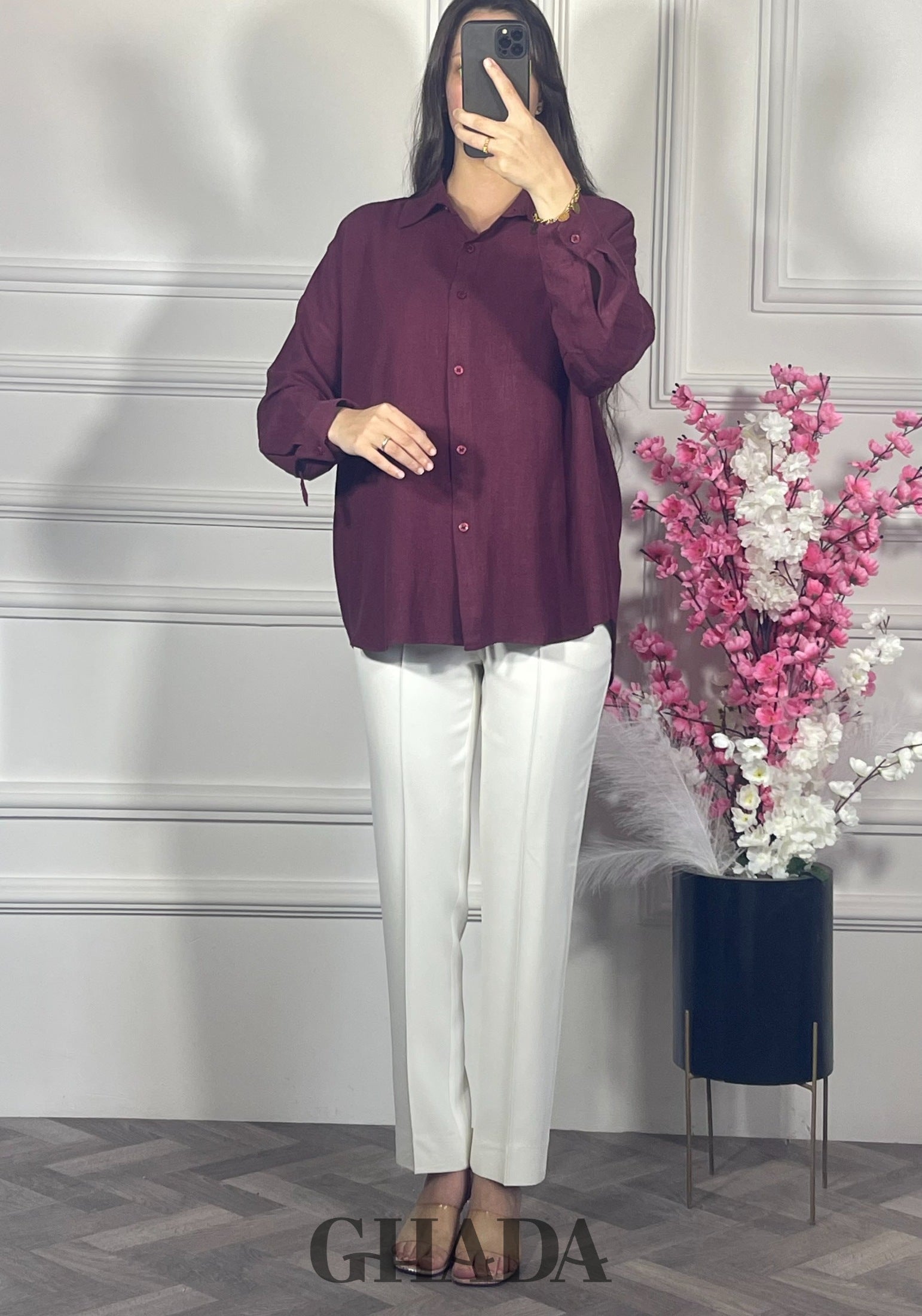 Chemise en lin  - Burgundy détail broderie - chemise femme - GHADA FASHION