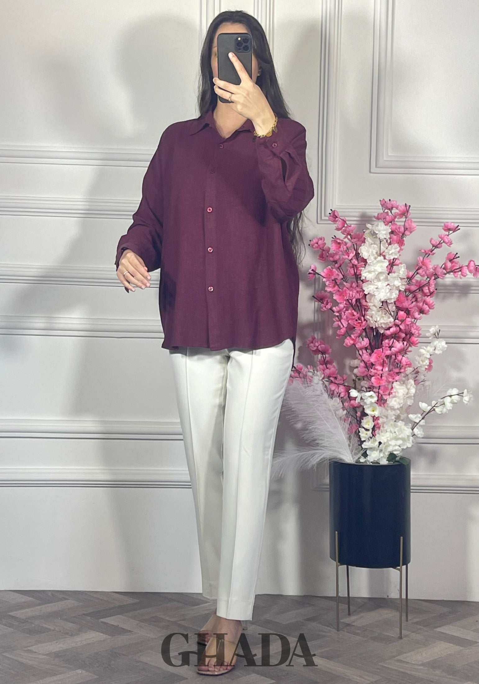 Chemise en lin  - Burgundy vue de face - chemise femme - GHADA FASHION