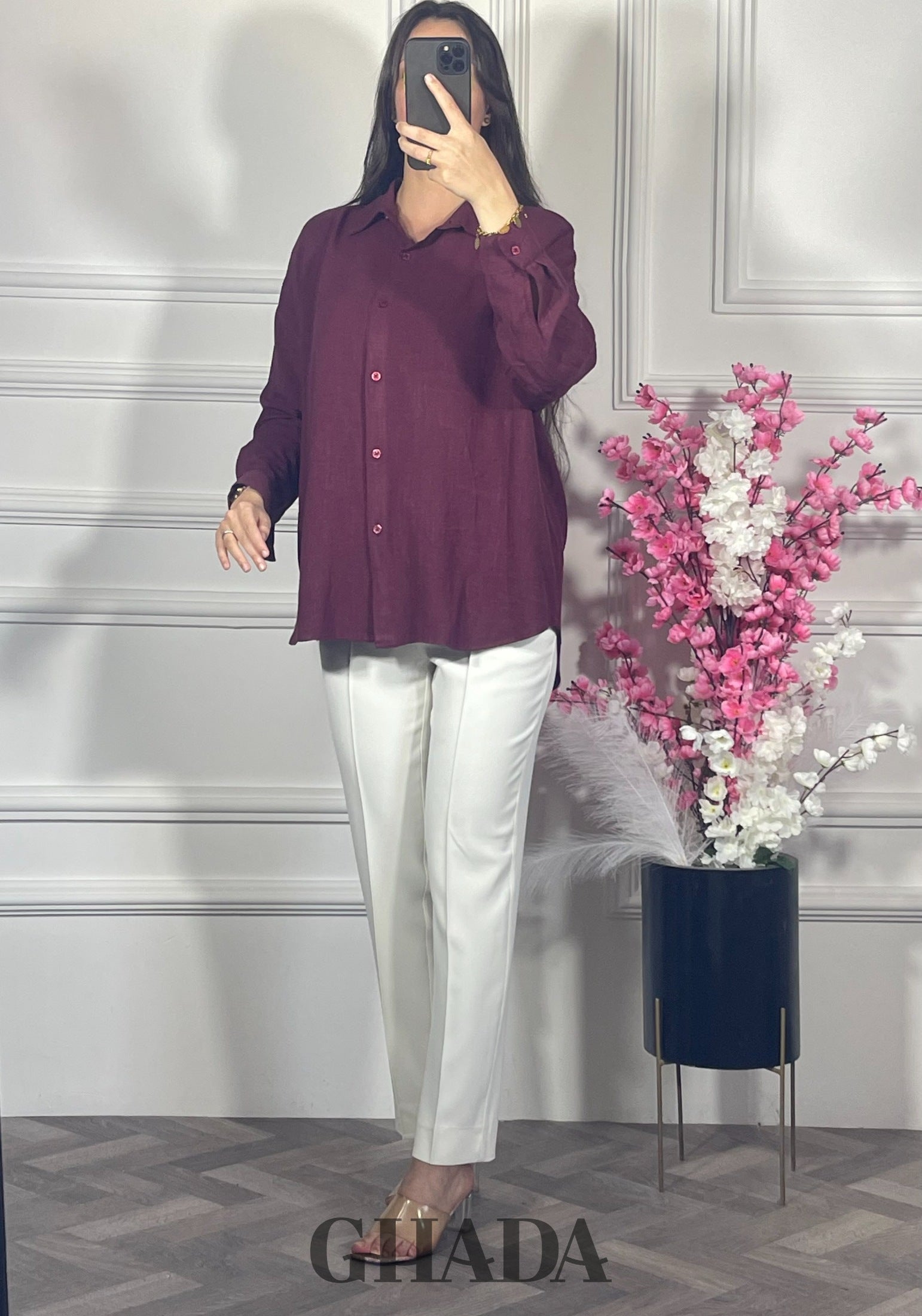 Chemise en lin  - Burgundy vue complète - chemise femme - GHADA FASHION