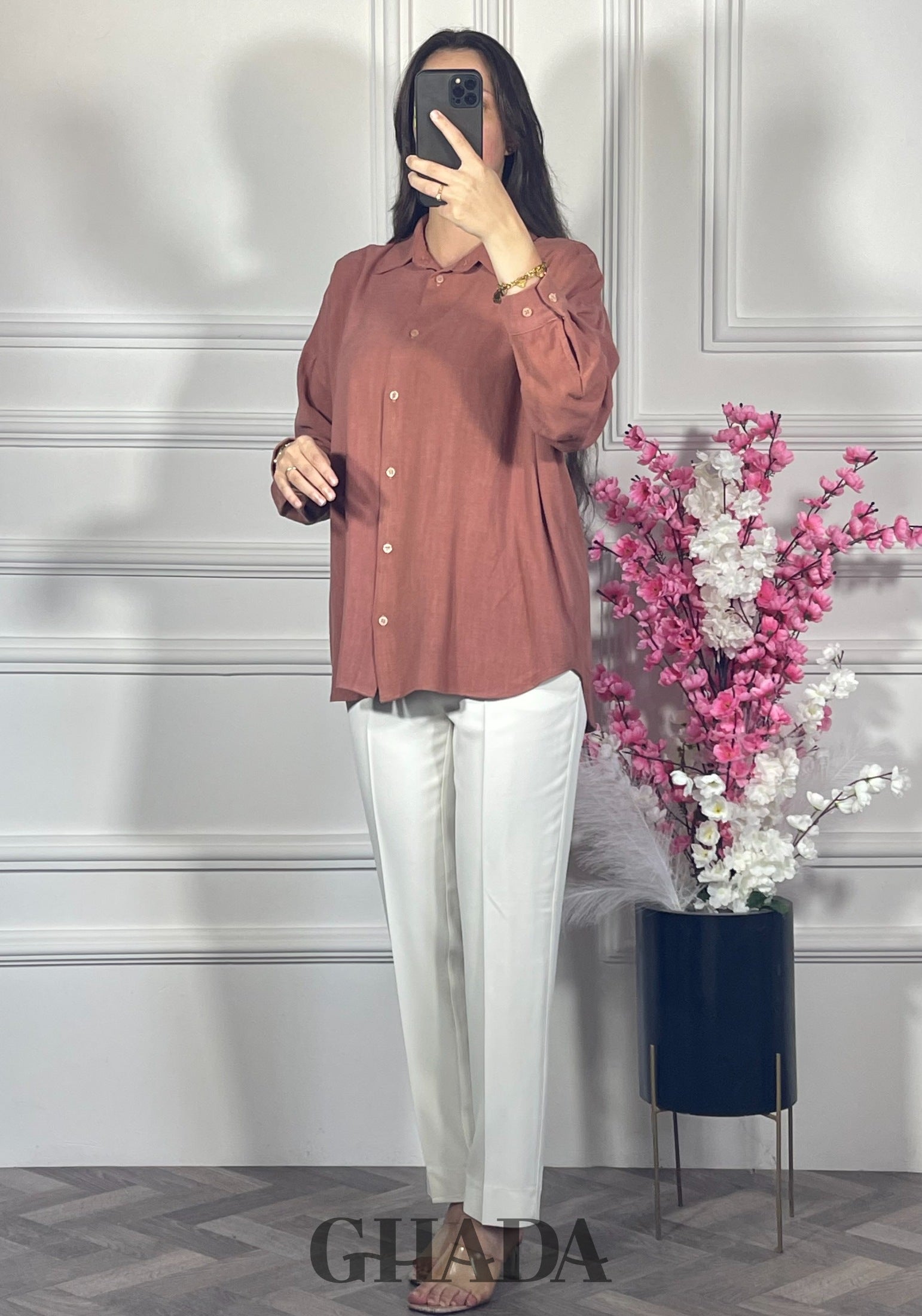 Chemise en lin  - Terracotta poudré détail broderie - chemise femme - GHADA FASHION