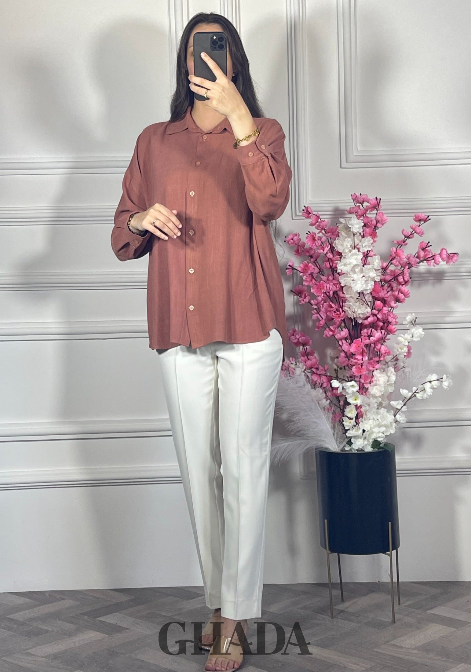 Chemise en lin  - Terracotta poudré vue complète - chemise femme - GHADA FASHION