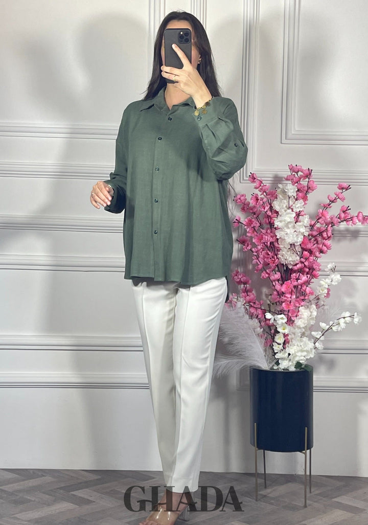 Chemise en lin  - Vert kaki