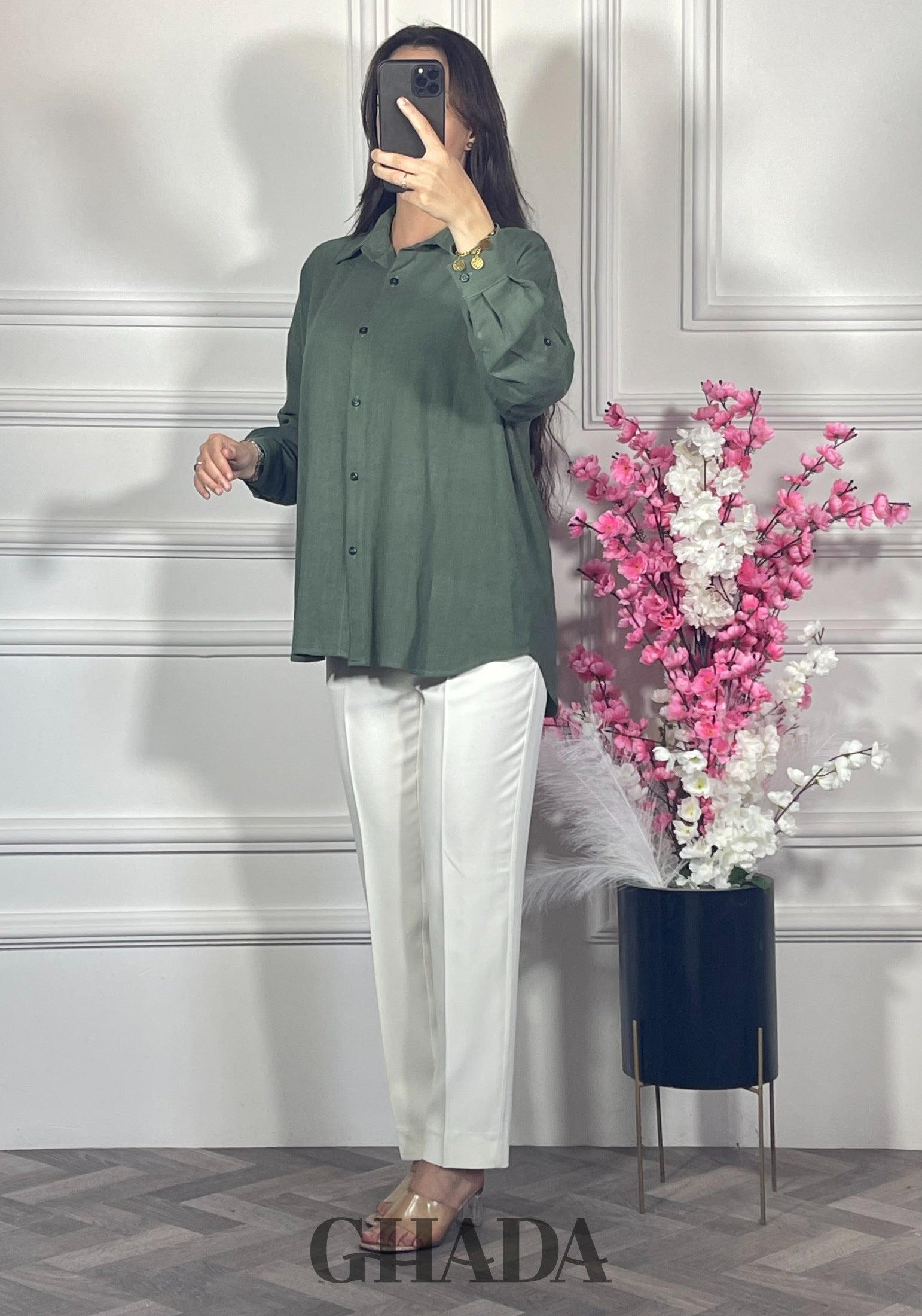 Chemise en lin  - Vert kaki détail broderie - chemise femme - GHADA FASHION