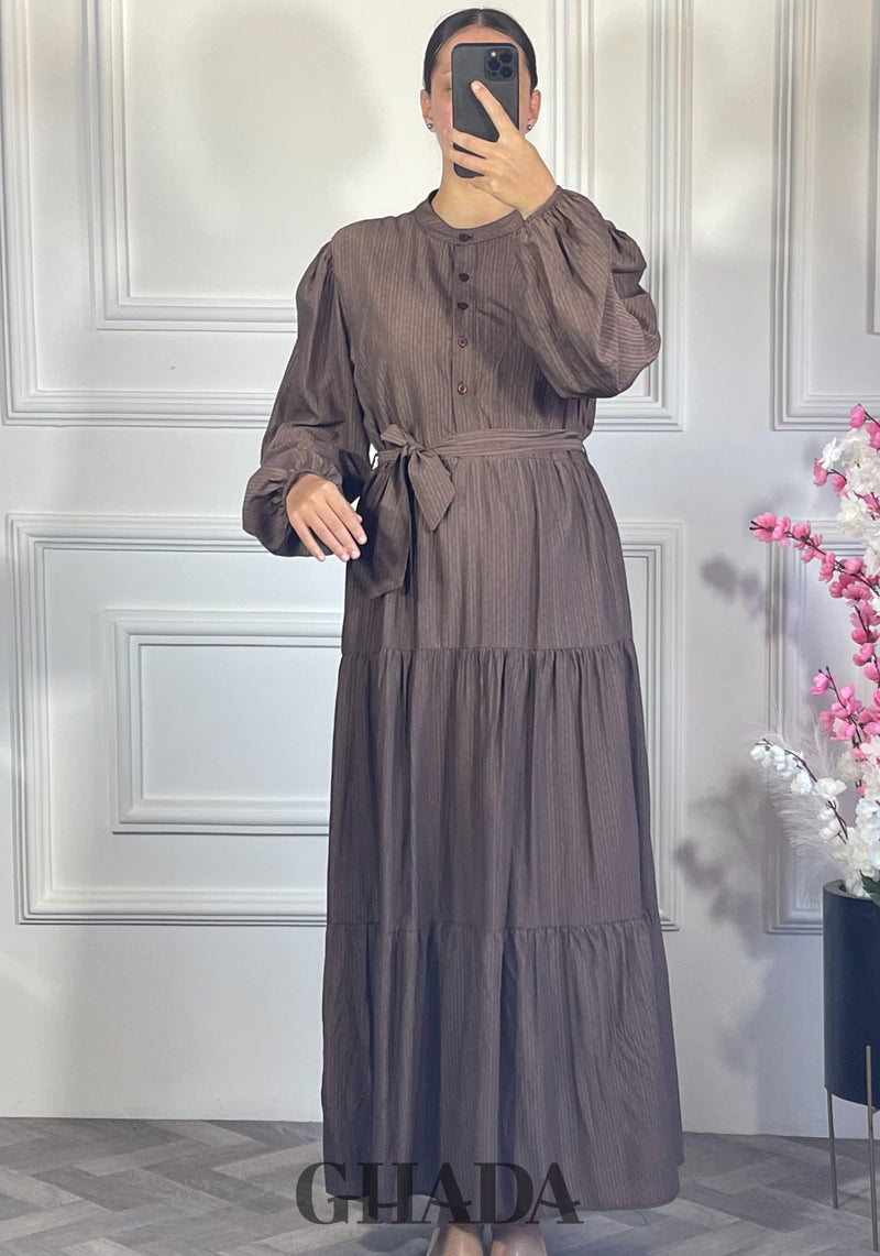 Robe longue en lin froissé - Marron foncé