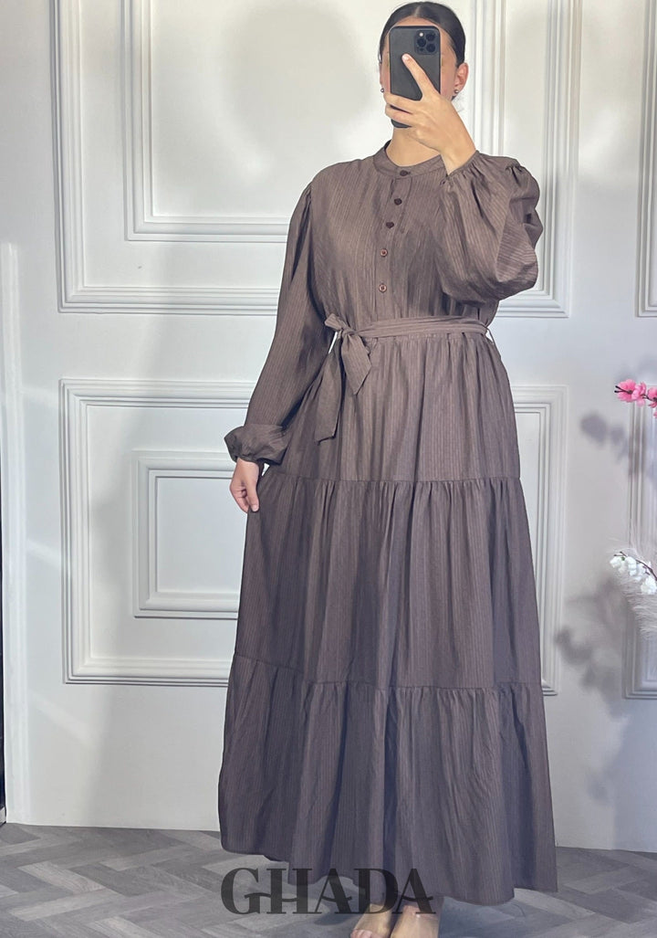 Robe longue en lin froissé - Marron foncé