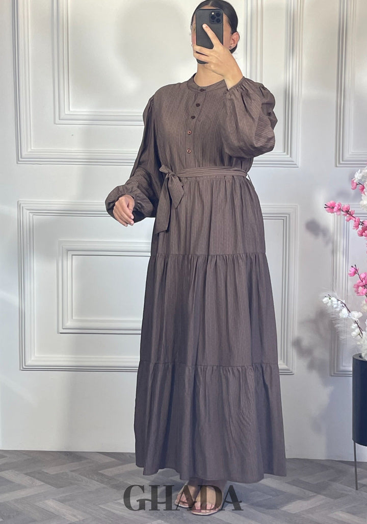 Robe longue en lin froissé - Marron foncé