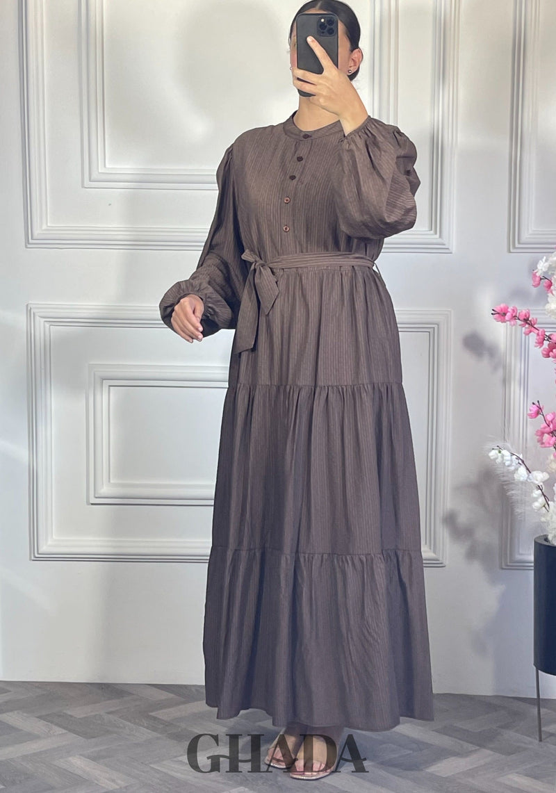 Robe longue en lin froissé - Marron foncé