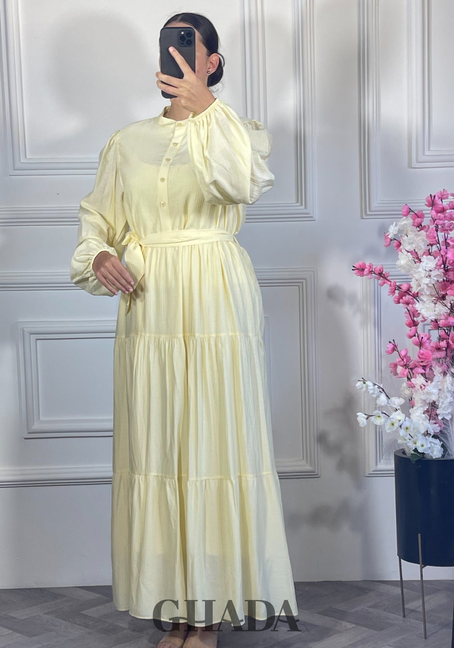 Robe longue en lin froissé - Jaune clair détail broderie - robe longue femme - GHADA FASHION