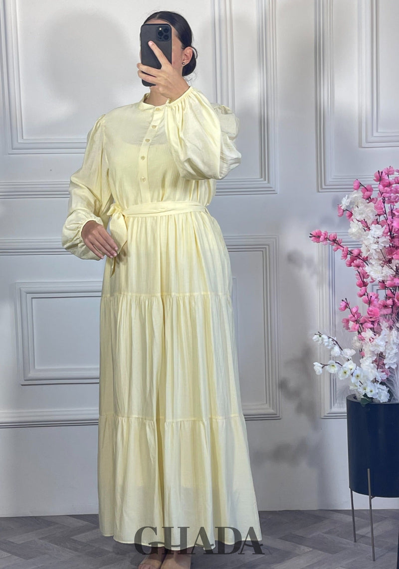 Robe longue en lin froissé - Jaune clair