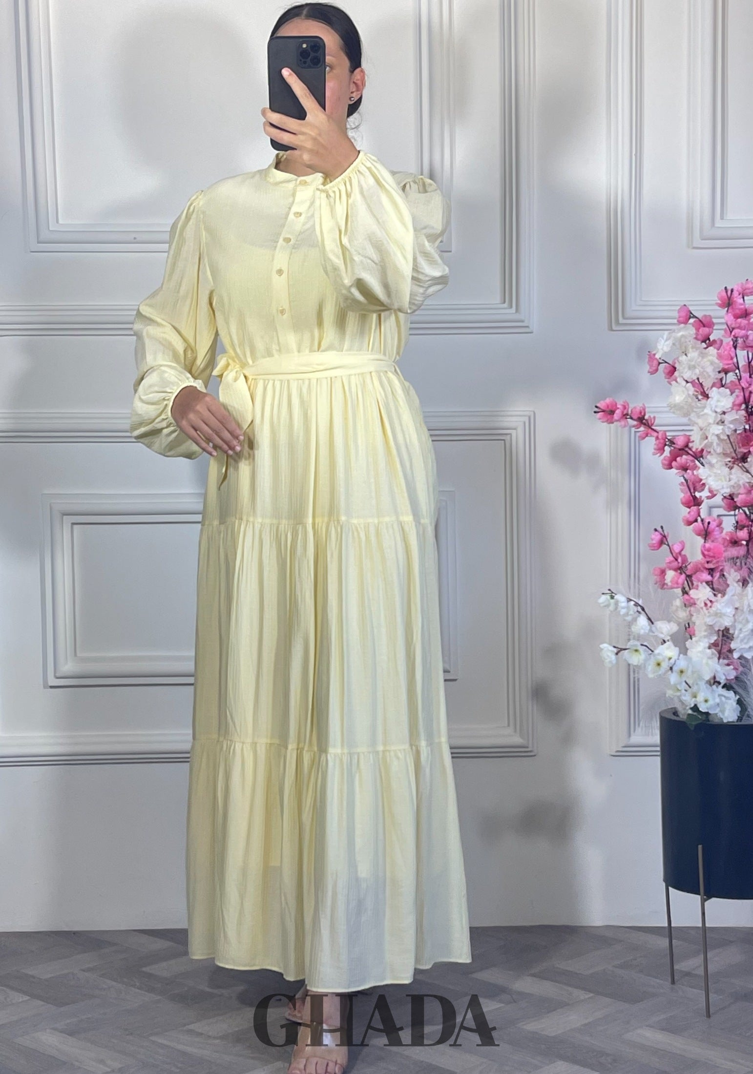 Robe longue en lin froissé - Jaune clair vue complète - robe longue femme - GHADA FASHION