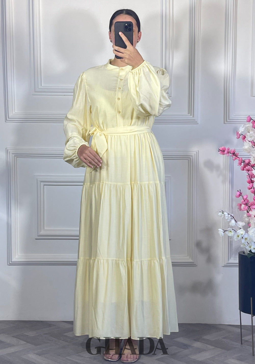 Robe longue en lin froissé - Jaune clair