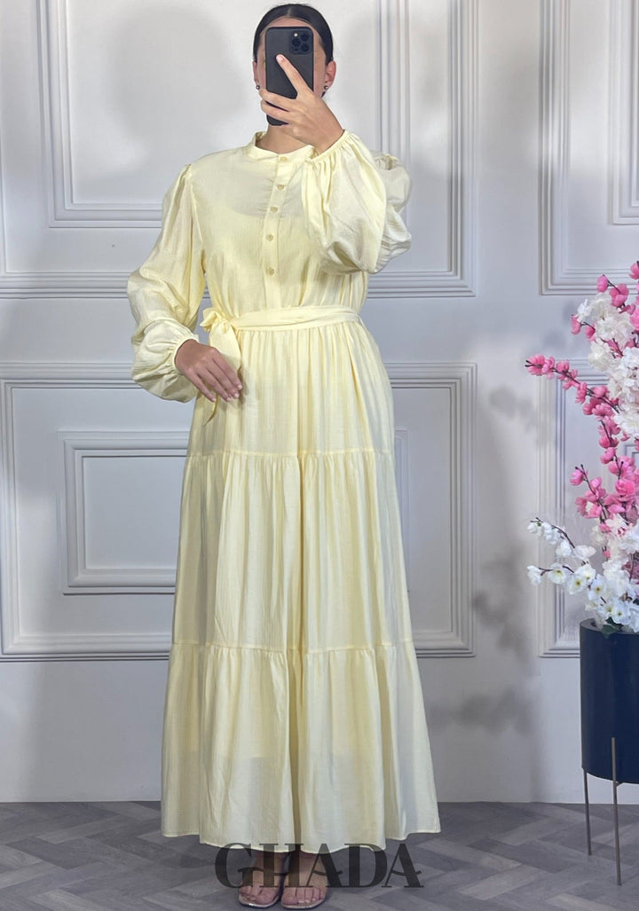 Robe longue en lin froissé - Jaune clair
