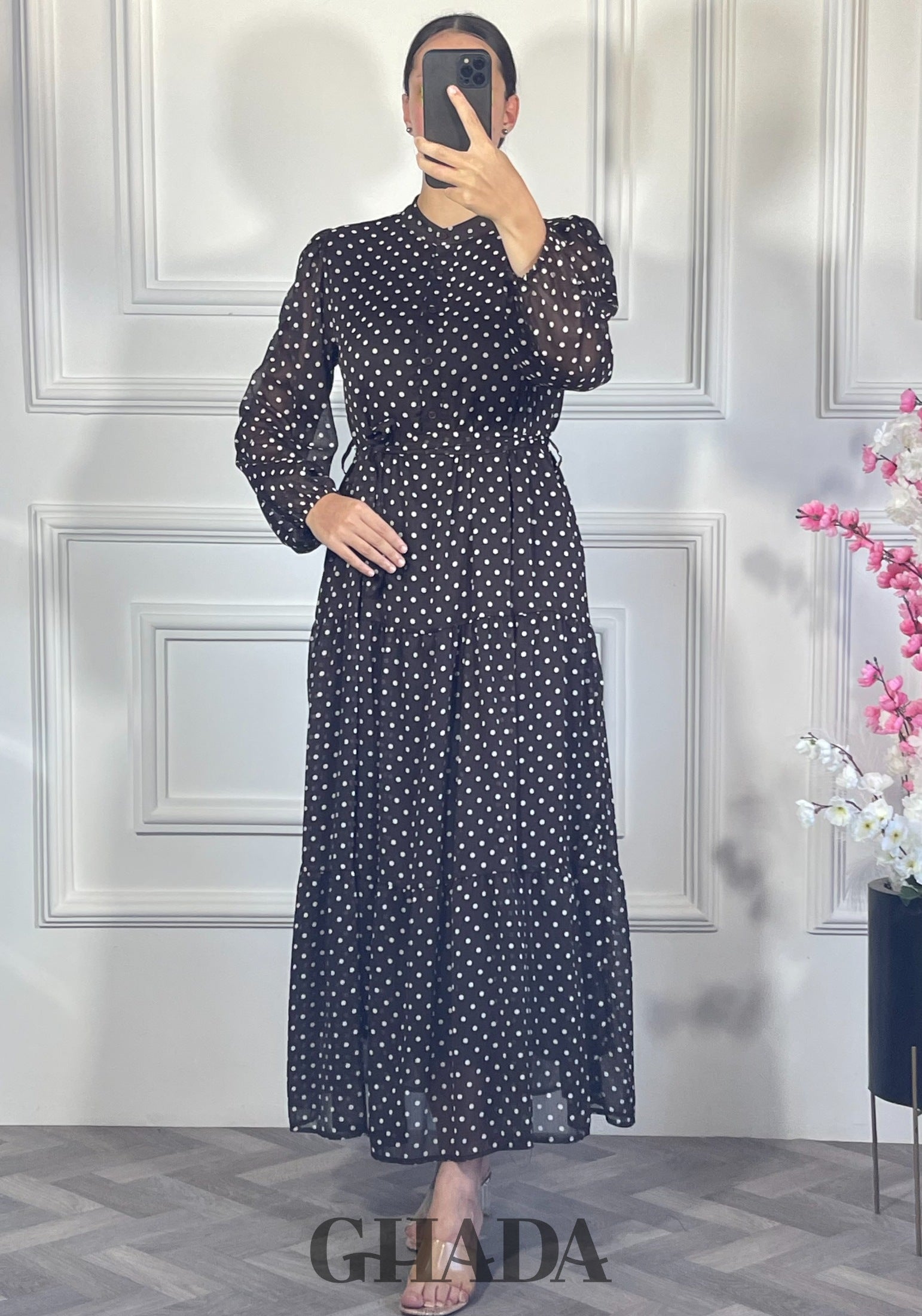Robe longue polka dot  - marron chocolat vue complète - robe longue femme - GHADA FASHION