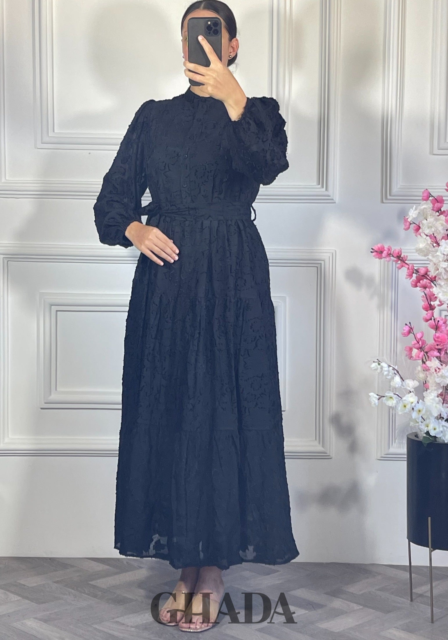 Robe brodée avec doublure - Noir détail broderie - robe longue femme - GHADA FASHION