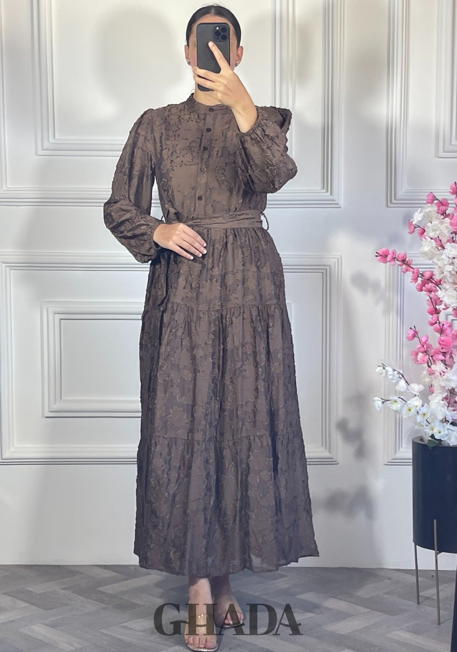 Robe brodée avec doublure - Marron chocolat détail broderie - robe longue femme - GHADA FASHION