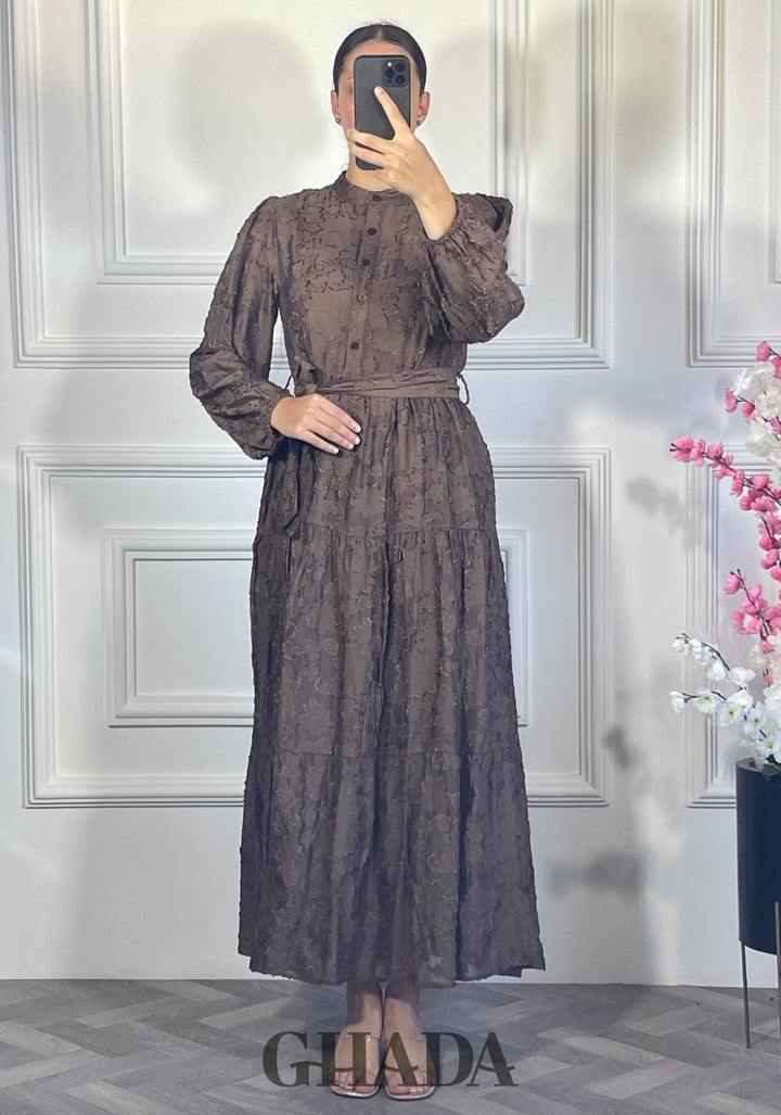 Robe brodée avec doublure - Marron chocolat