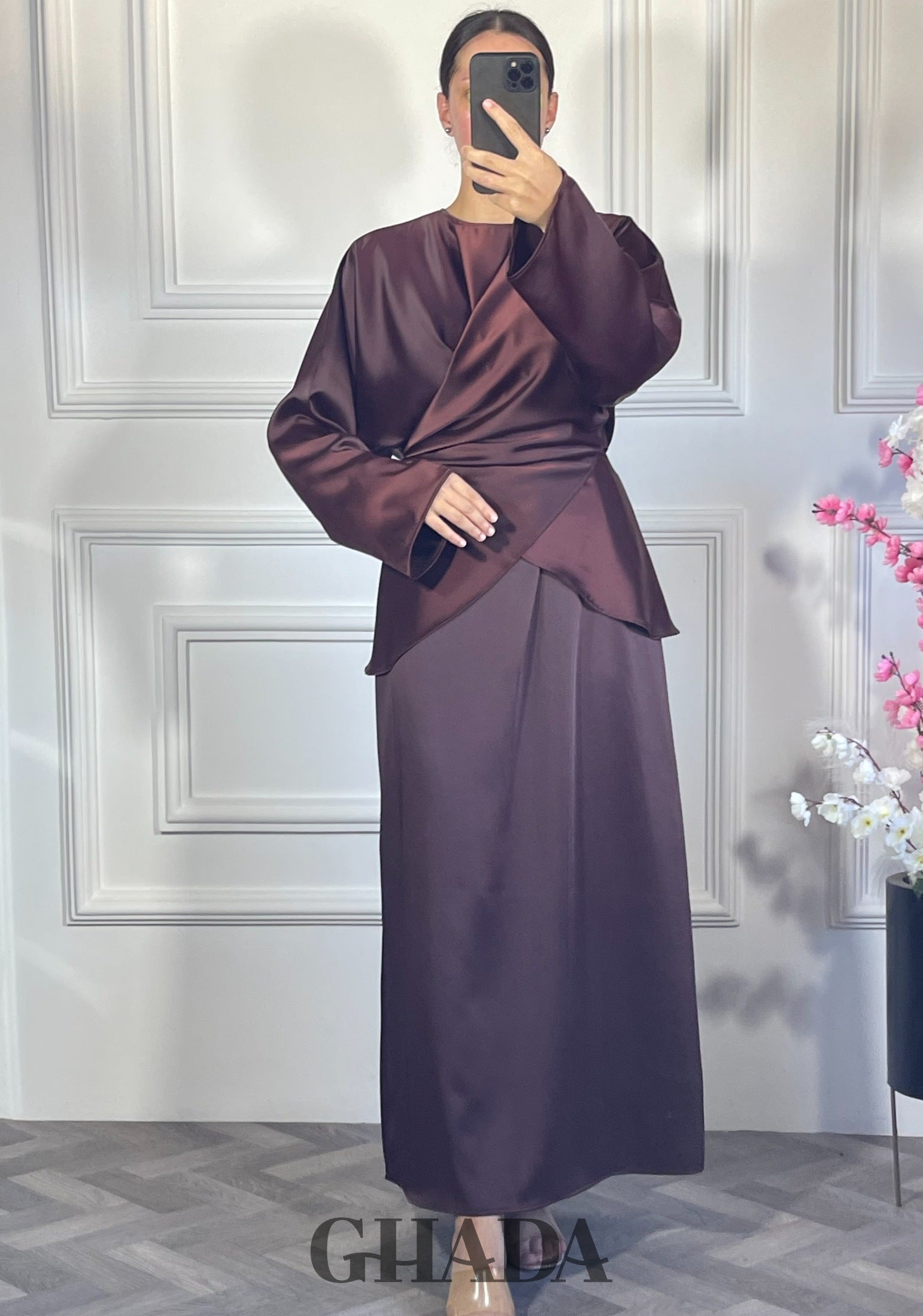 Ensemble robe sans manches avec haut à lactes - marron chocolat vue de dos - ensemble femme - GHADA FASHION