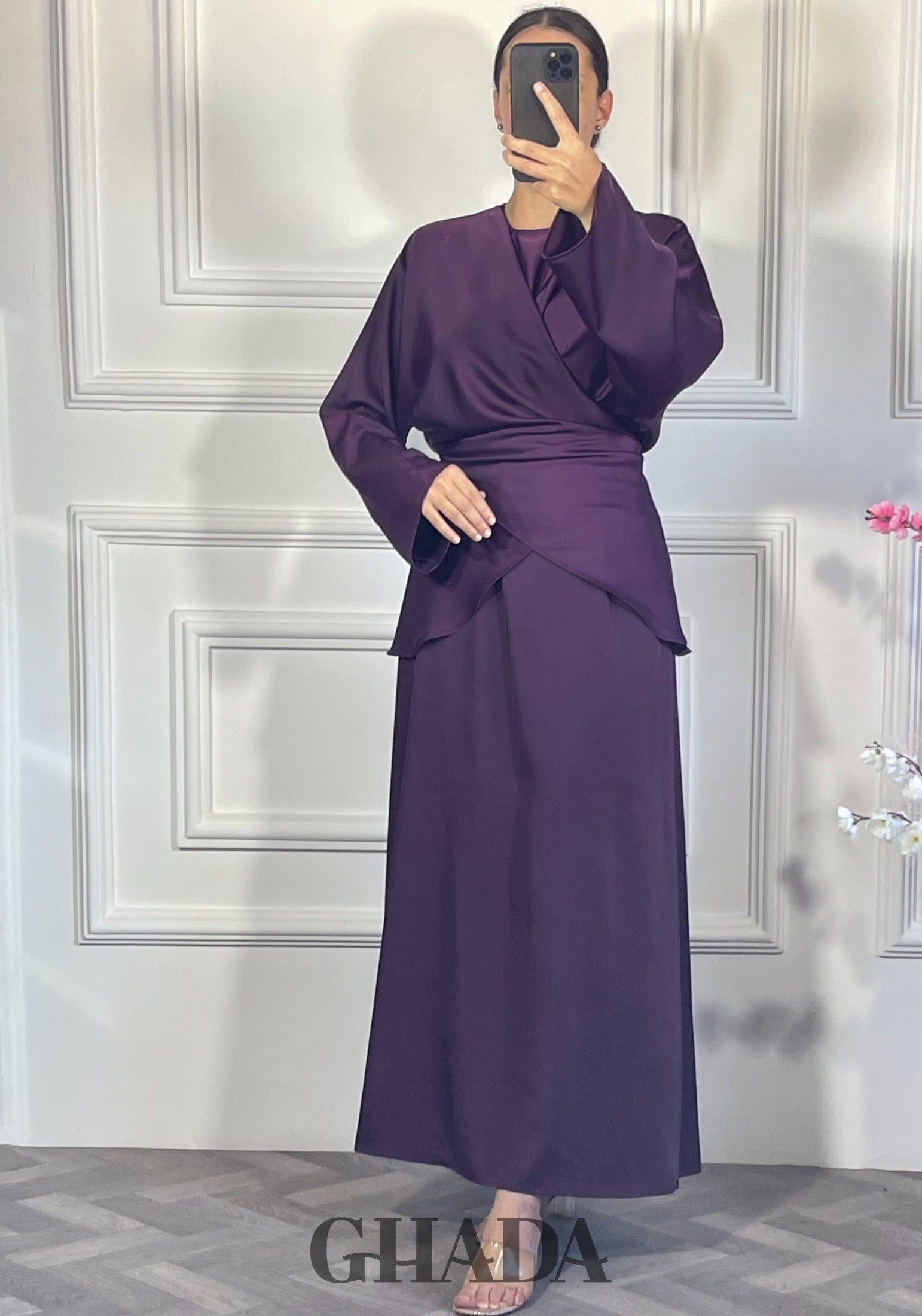 Ensemble robe sans manches avec haut à lactes - Mauve foncé vue complète - ensemble femme - GHADA FASHION