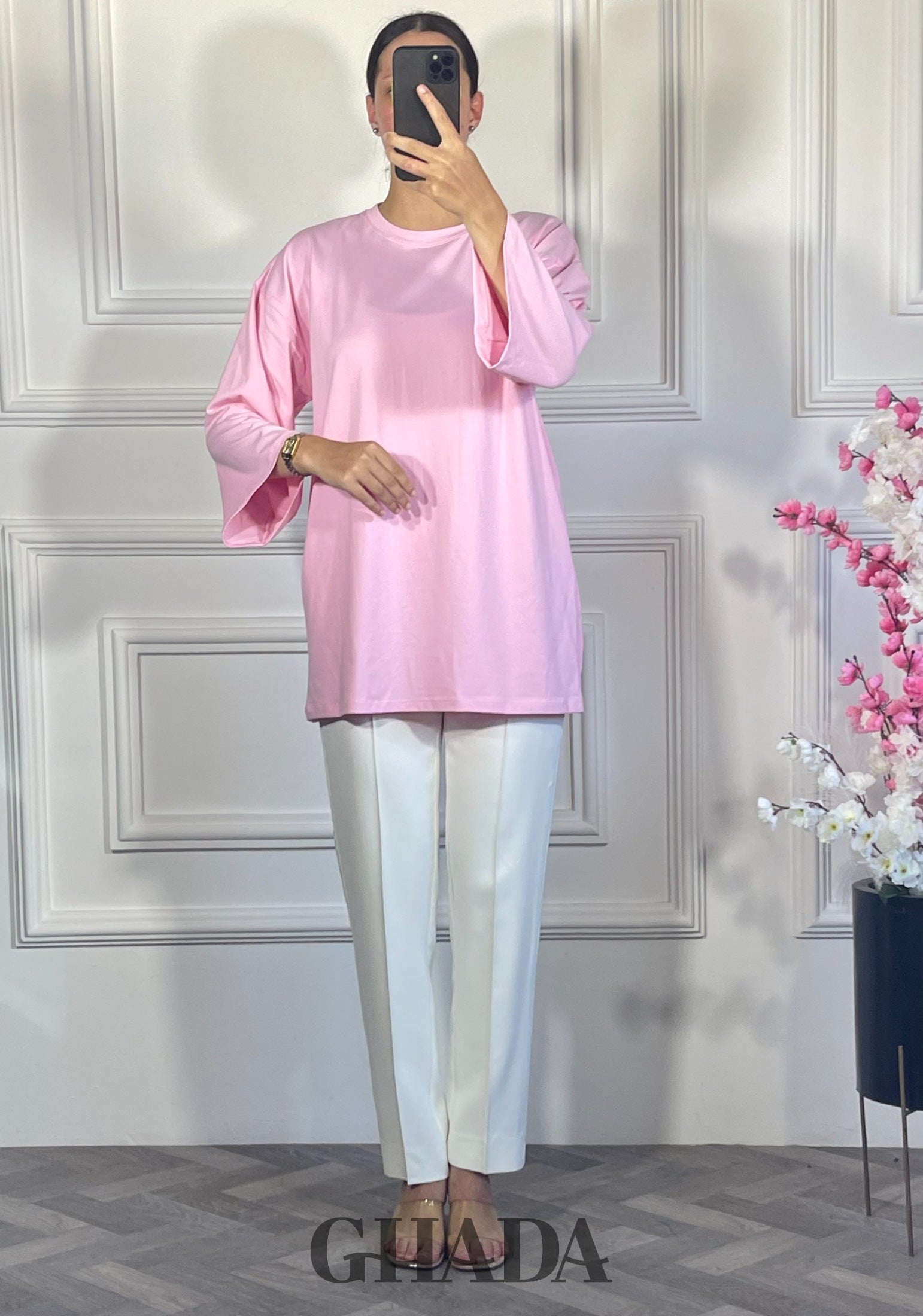 Pull avec manches trois quarts - Rose détail broderie - chemise femme - GHADA FASHION