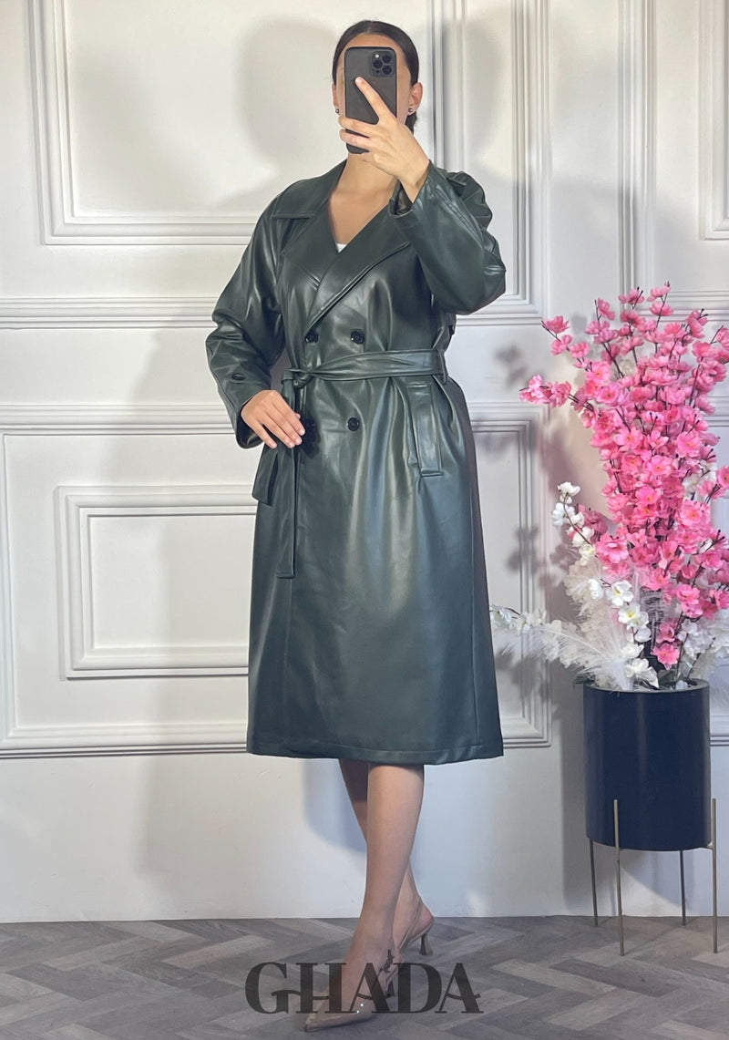 Trench-coat long en simili cuir - Vert bouteille