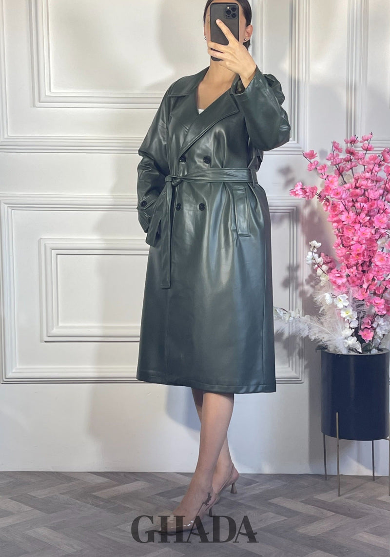 Trench-coat long en simili cuir - Vert bouteille