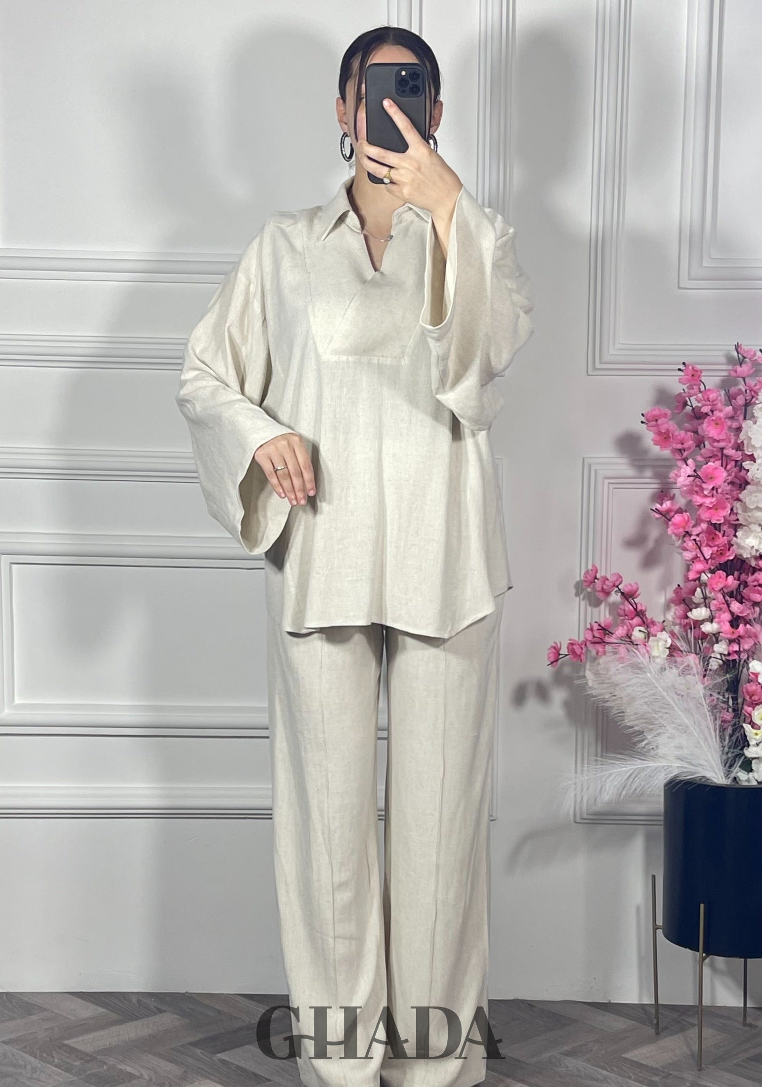 Ensemble en lin col V - Beige sable détail broderie - ensemble femme - GHADA FASHION