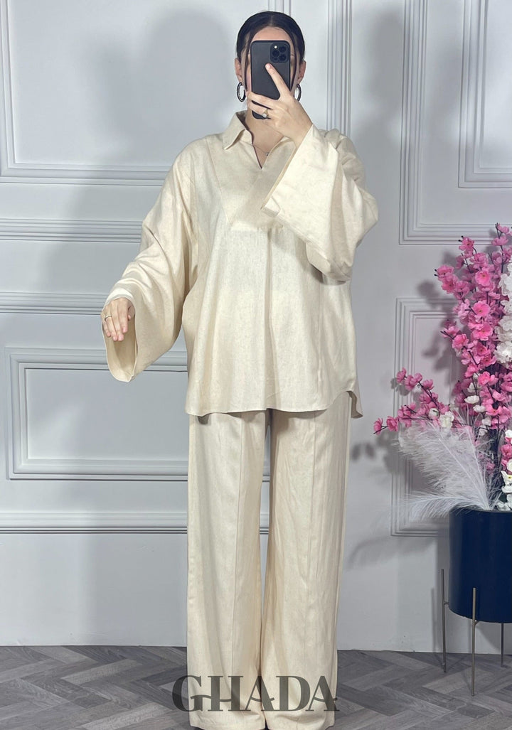 Ensemble en lin col V - Beige