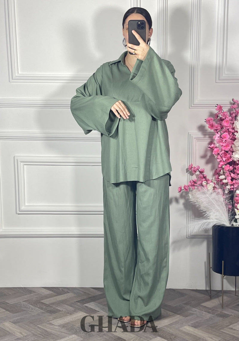 Ensemble en lin col V - Vert sauge