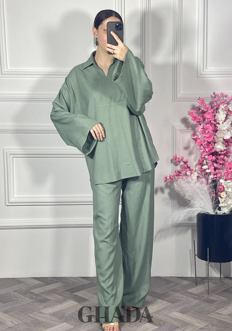 Ensemble en lin col V - Vert sauge