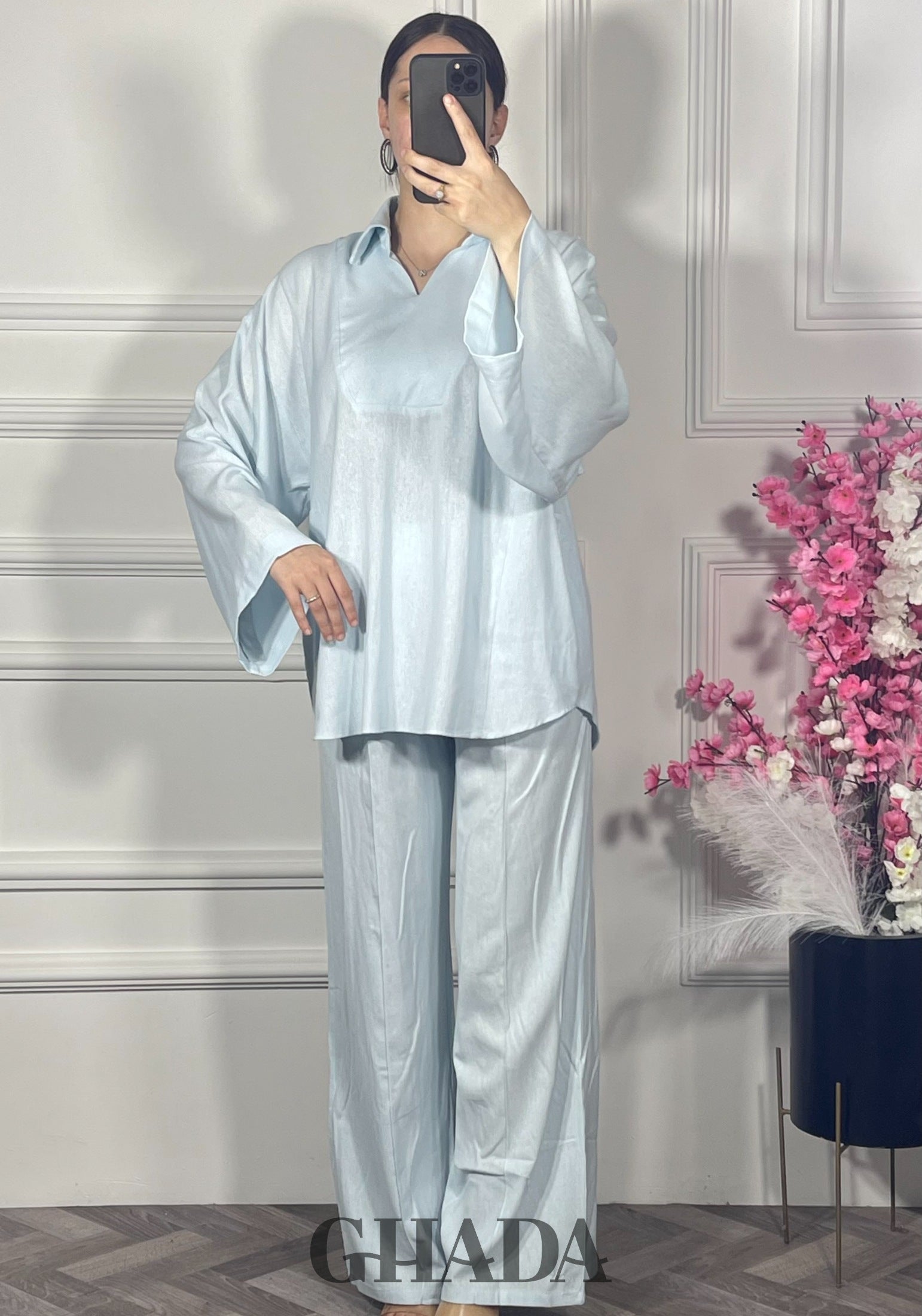 Ensemble en lin col V - Bleu ciel détail broderie - ensemble femme - GHADA FASHION