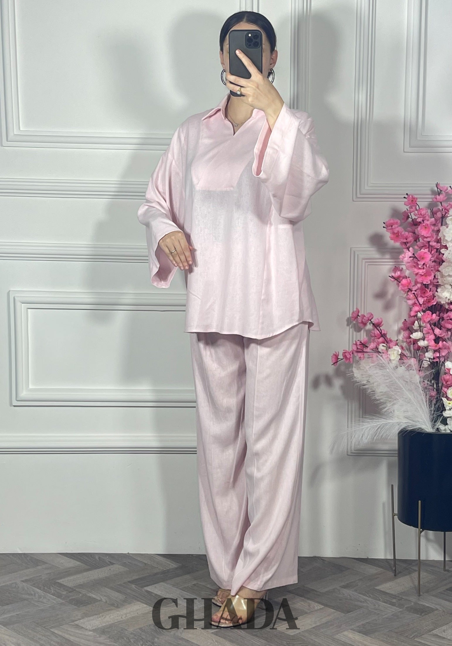 Ensemble en lin col V - Rose bebe  vue de dos - ensemble femme - GHADA FASHION