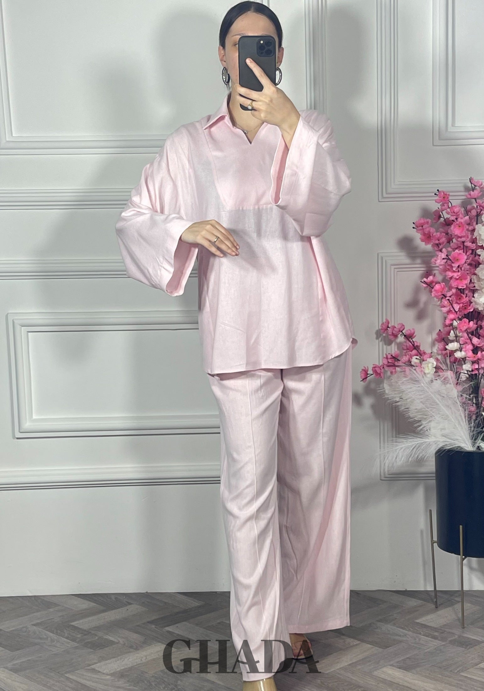 Ensemble en lin col V - Rose bebe  détail broderie - ensemble femme - GHADA FASHION