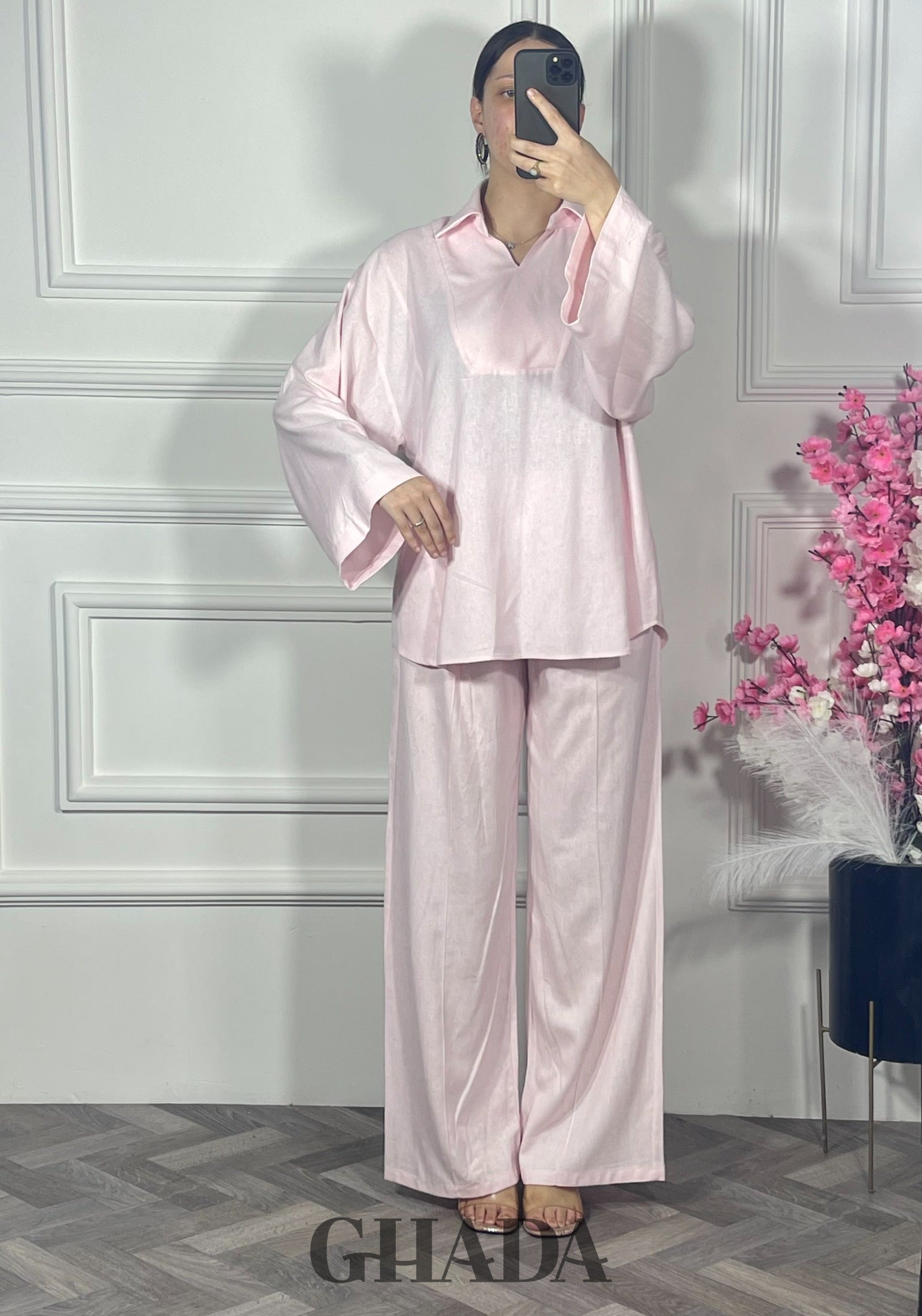 Ensemble en lin col V - Rose bebe  vue de face - ensemble femme - GHADA FASHION