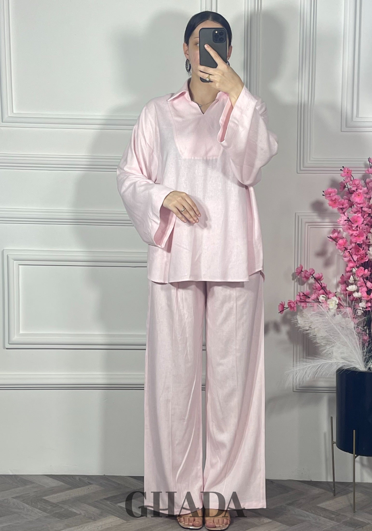 Ensemble en lin col V - Rose bebe  vue complète - ensemble femme - GHADA FASHION