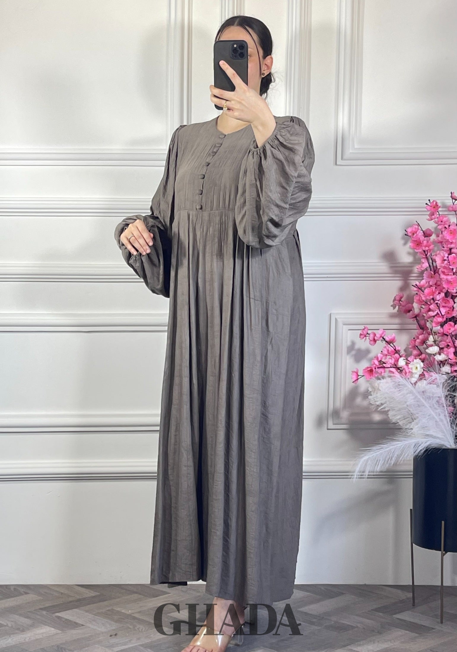 Robe en lin brodé - Marron vue complète - ensemble femme - GHADA FASHION