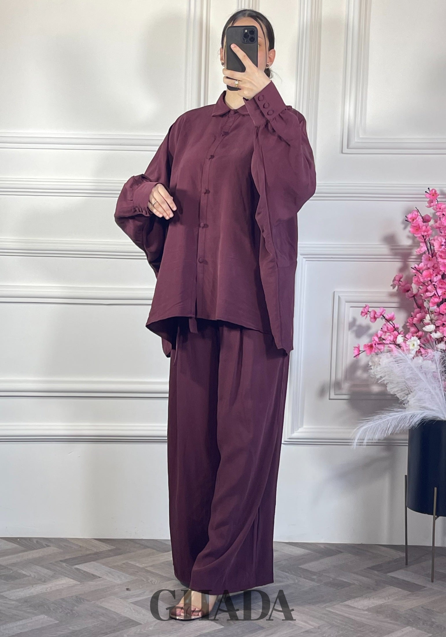 Ensemble chemise avec pantalon  - Bordeaux vue de dos - ensemble femme - GHADA FASHION