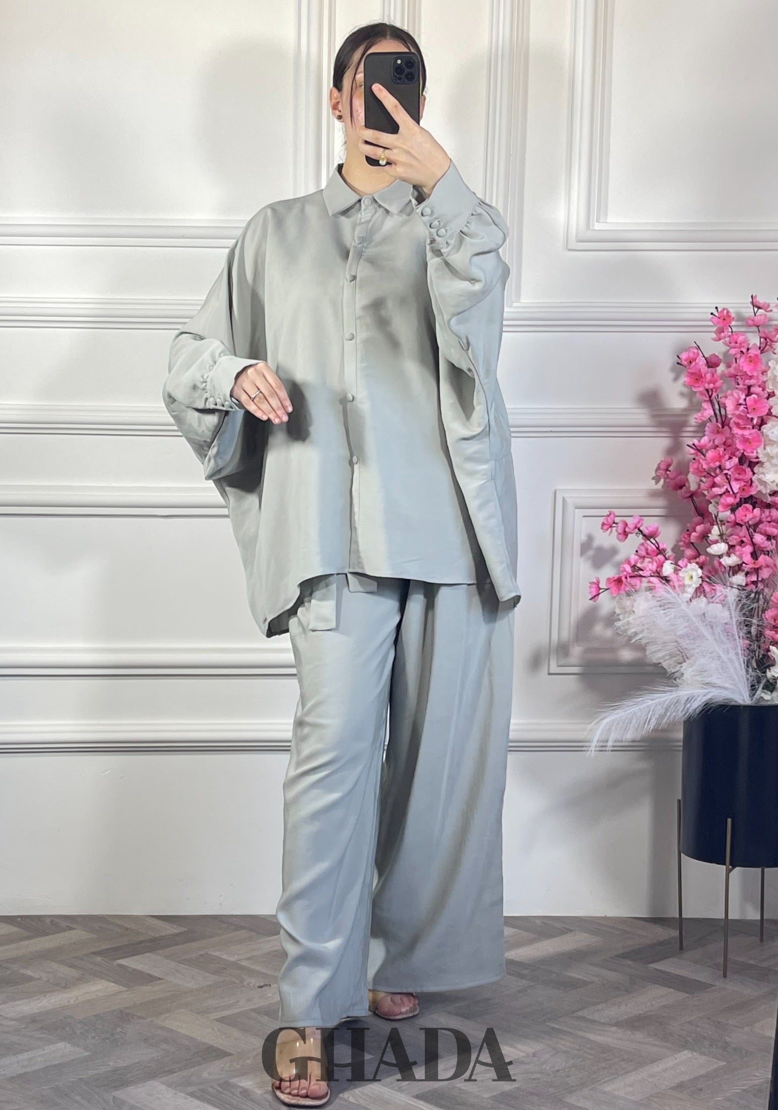 Ensemble chemise avec pantalon  - Vert clair vue de dos - ensemble femme - GHADA FASHION
