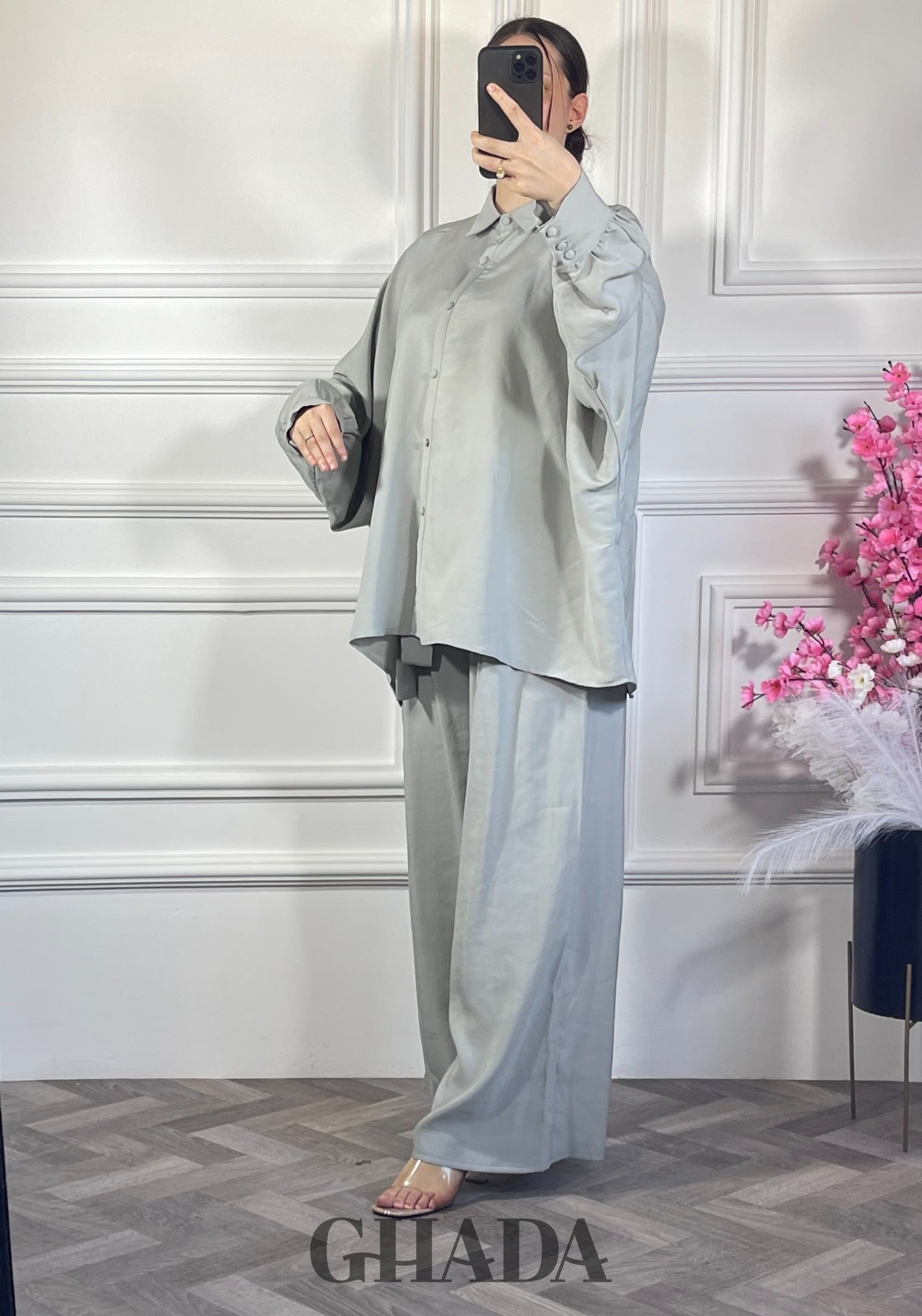 Ensemble chemise avec pantalon  - Vert clair détail broderie - ensemble femme - GHADA FASHION