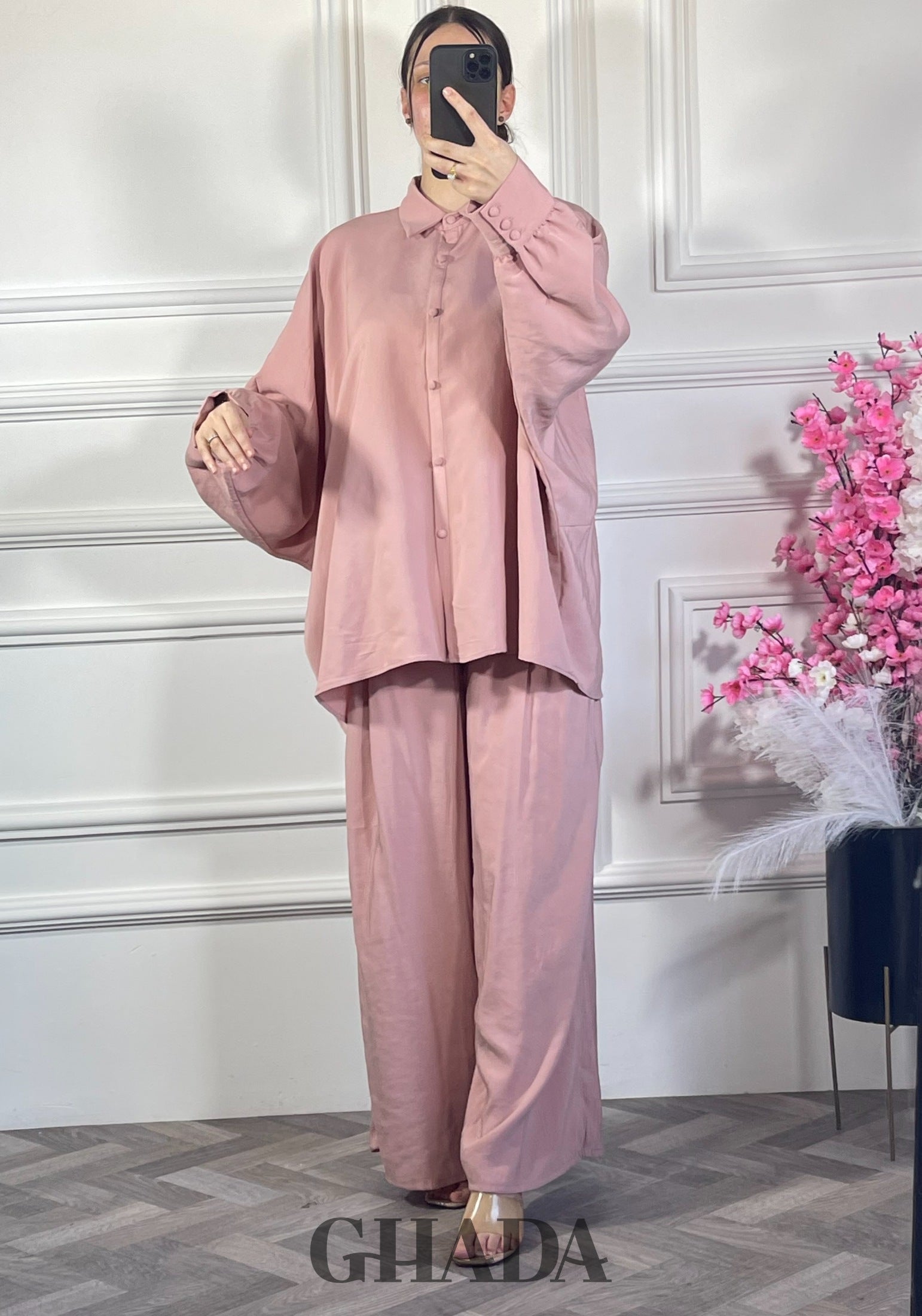 Ensemble chemise avec pantalon  - Rose poudré vue de dos - ensemble femme - GHADA FASHION