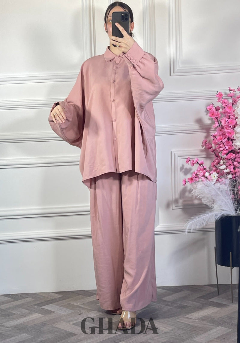 Ensemble chemise avec pantalon  - Rose poudré