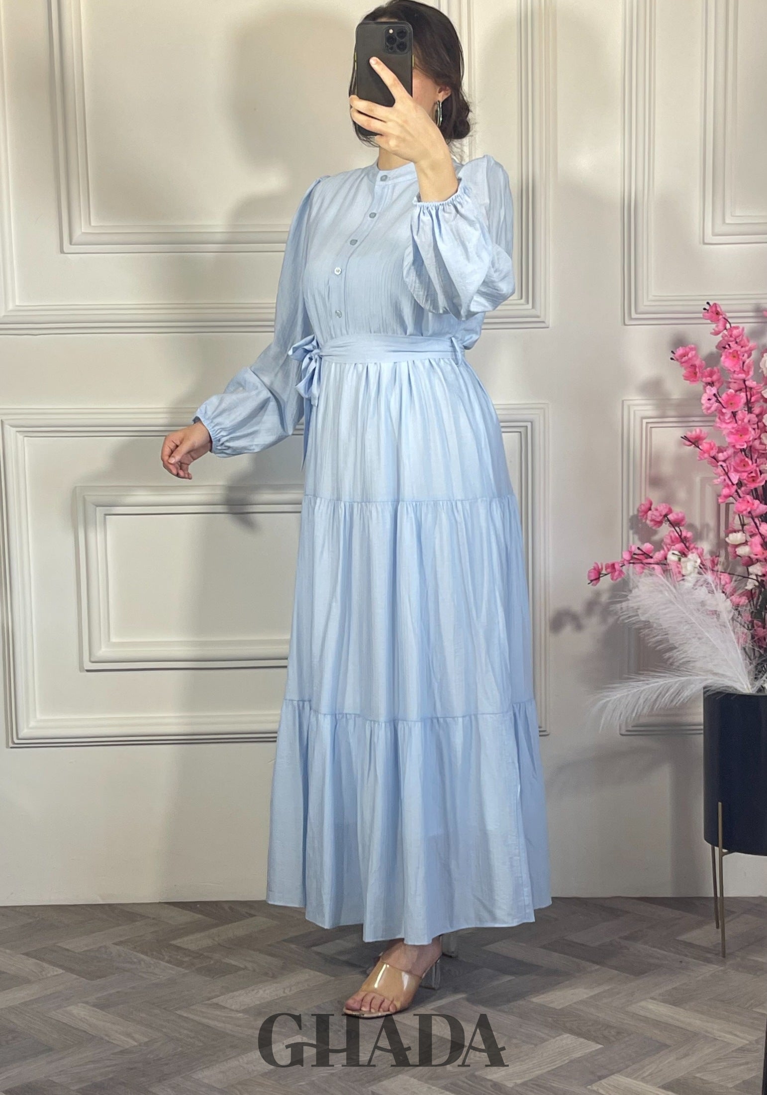 Robe en lin froissé - Bleu ciel vue complète - robe longue femme - GHADA FASHION