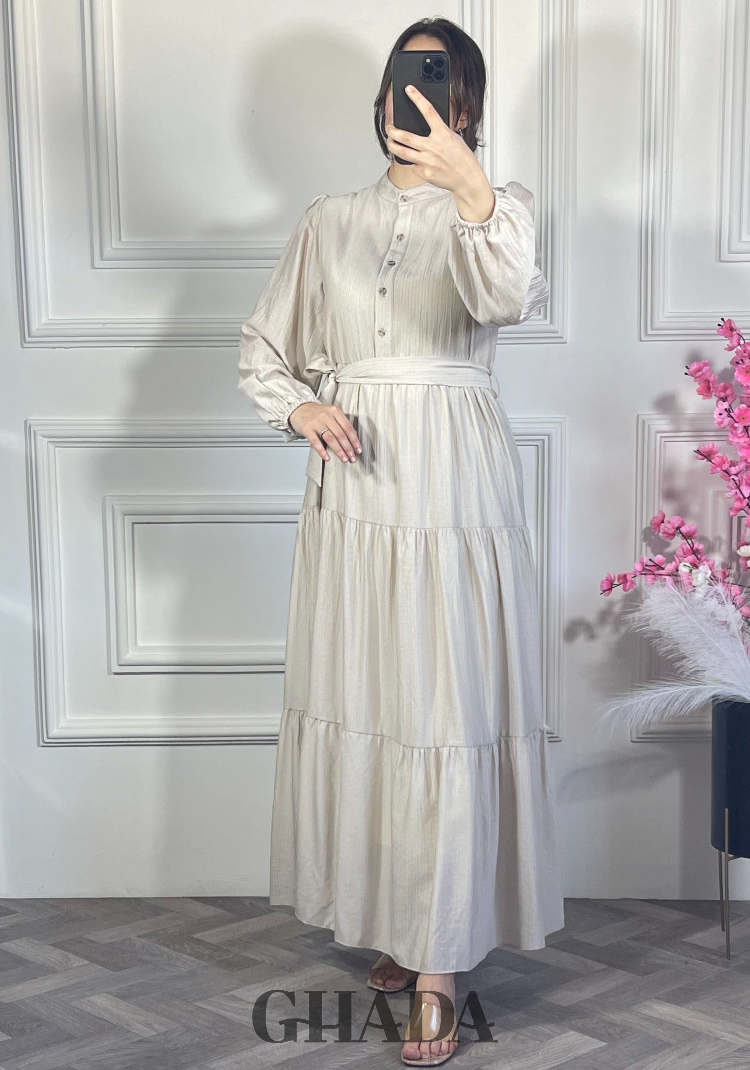 Robe en lin froissé - Beige clair détail broderie - robe longue femme - GHADA FASHION