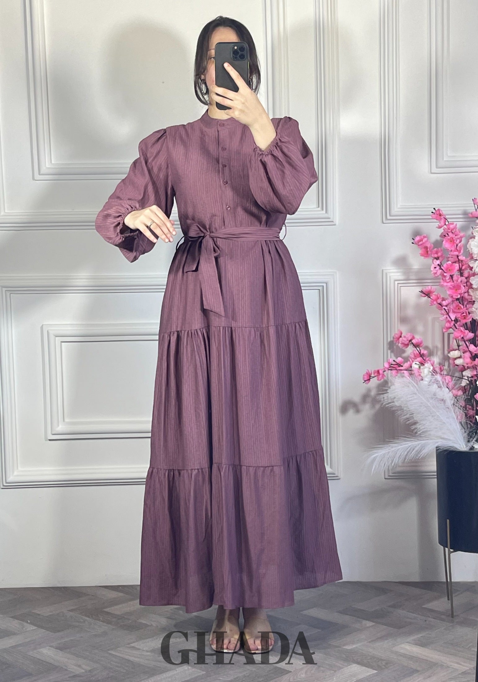 Robe en lin froissé - Mauve clair détail broderie - robe longue femme - GHADA FASHION