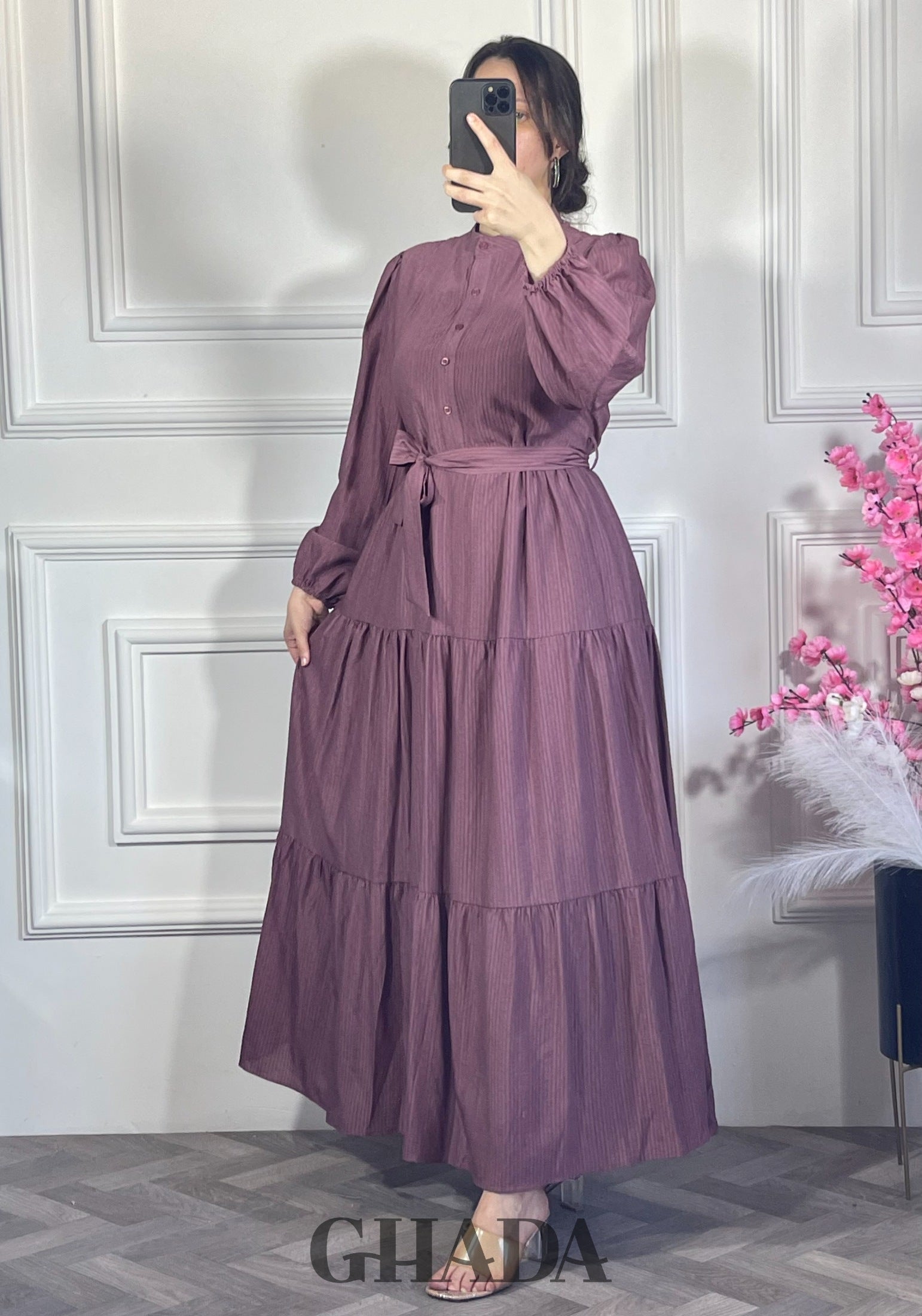 Robe en lin froissé - Mauve clair vue de dos - robe longue femme - GHADA FASHION